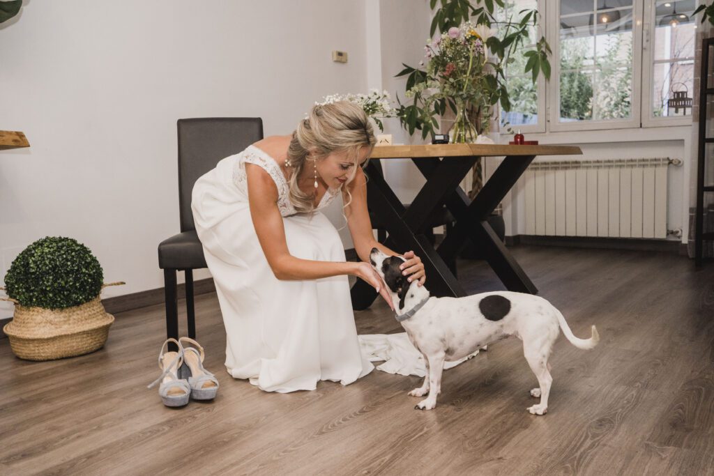 fotografía de boda de una novia con su perro de JoseLomarPhoto